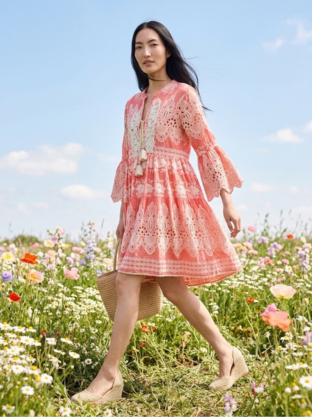 Tiered Eyelet Lace Mini Dress in Coral with Tassel Tie